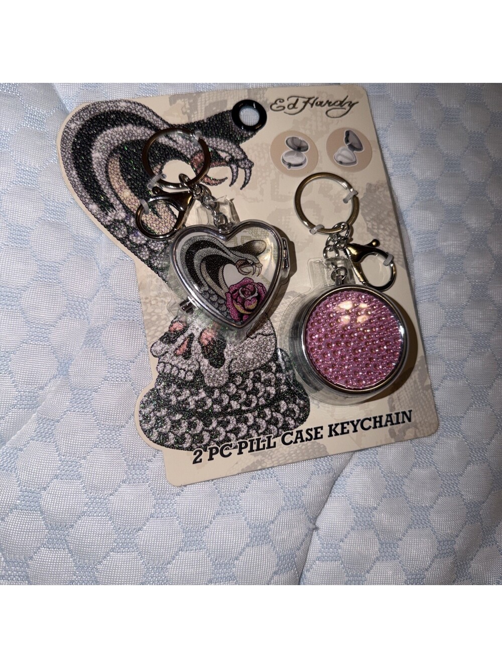 Ed Hardy 2PC Metal Pill Case Keychain Set Snake Heart Pink Silver